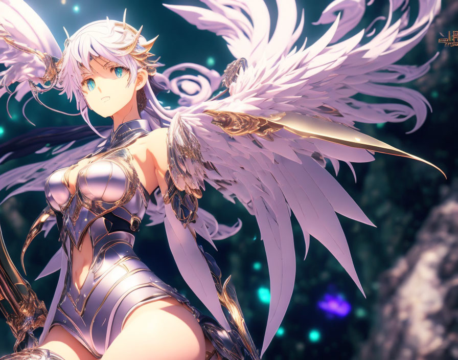 White-Haired Winged Anime Character in Armor on Magical Background