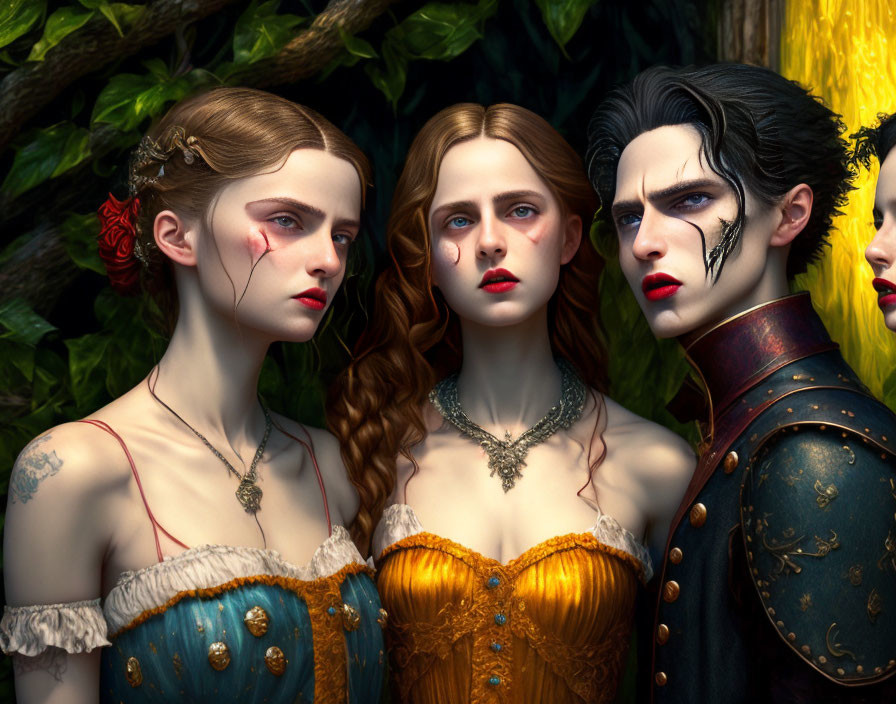 Three people in period costumes with somber expressions amid foliage, featuring pale faces and red lipstick.