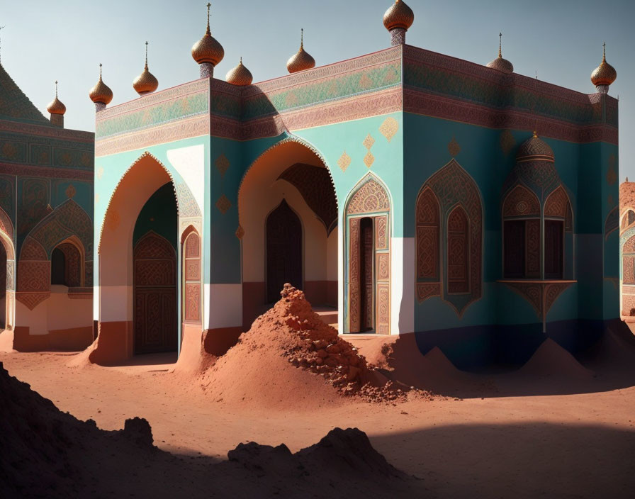 Traditional Islamic building with blue and gold ornate arches in desert sand.