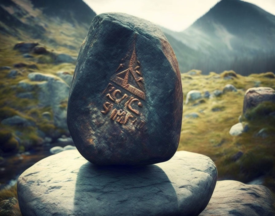 Engraved Stone with Triangular Symbols in Misty Mountain Landscape