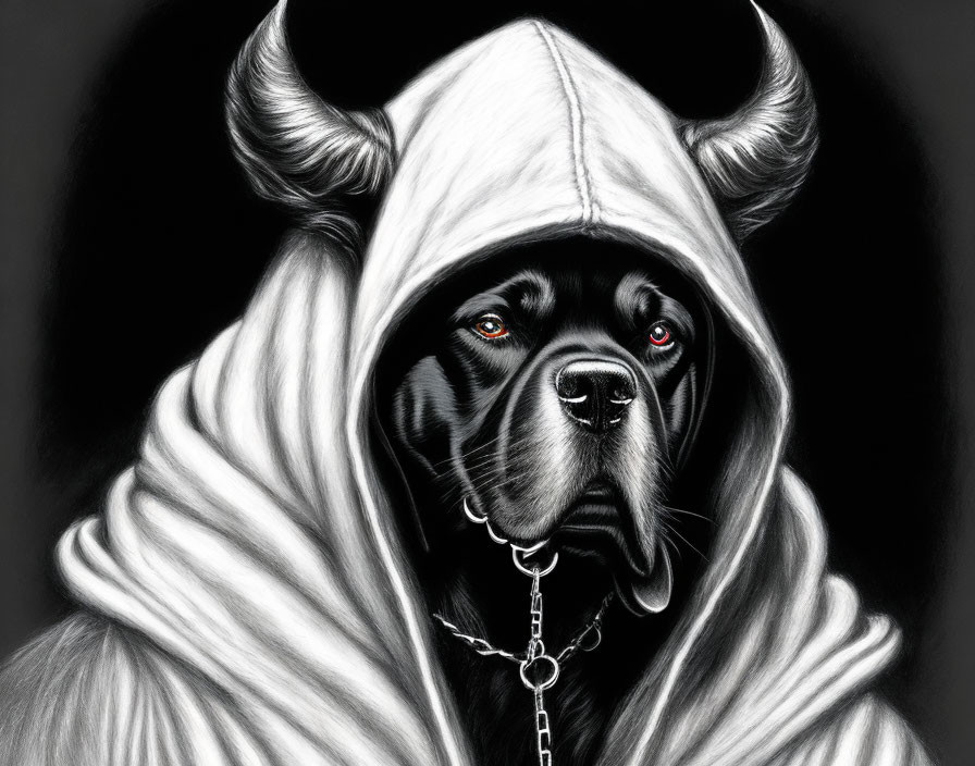 Black Dog with Red Eyes in White Hooded Cloak and Bull Horns on Black Background