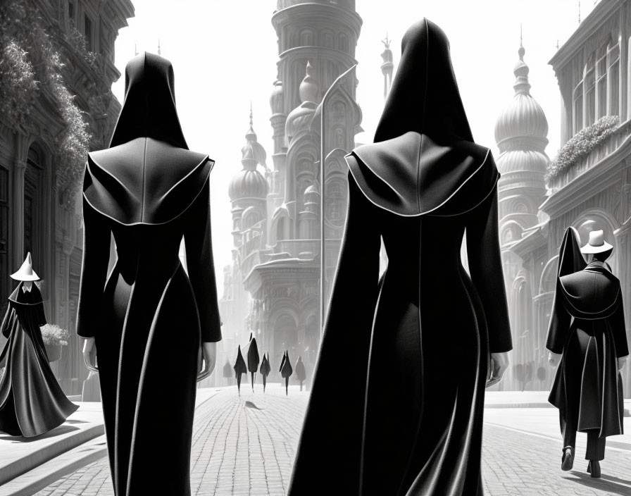 Silhouetted figures in robes walking in misty cityscape