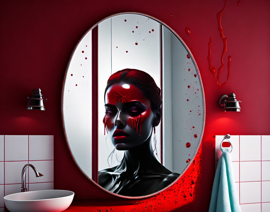 Stylized image of woman with red lighting in bathroom mirror