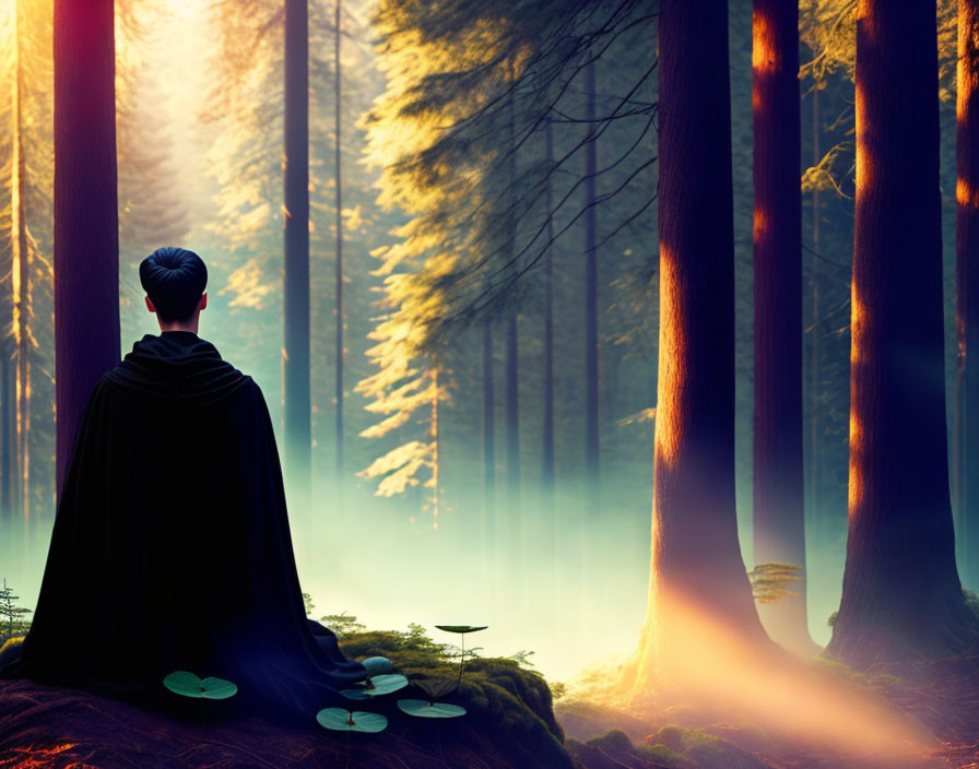 Person in cloak sitting in mystical forest with warm light and towering trees