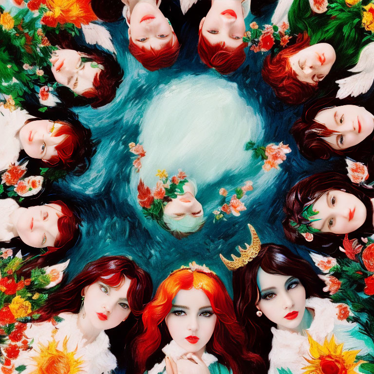 Vibrant red-haired women in circular formation around blue floral center