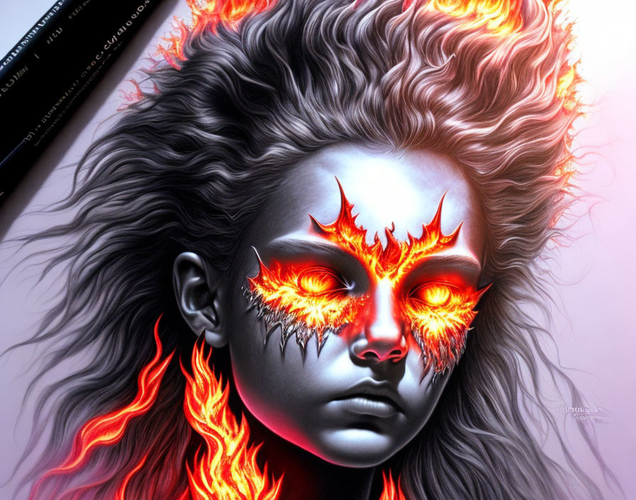 Face Artwork: Fiery Eyes, Flame Eyebrows, Fire-Like Hair