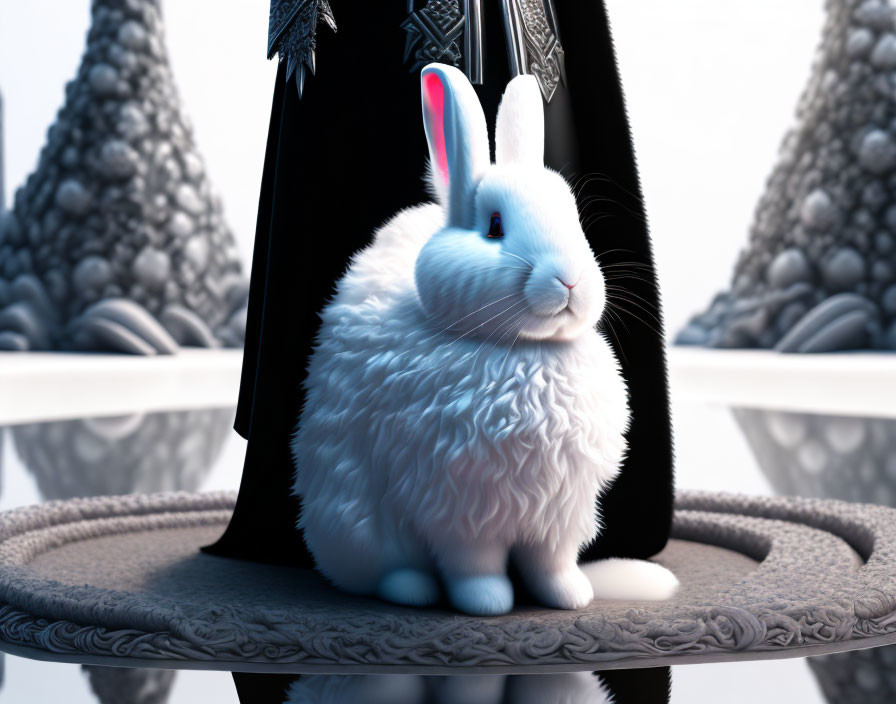 Fluffy white rabbit on ornate magician's hat with wands in background