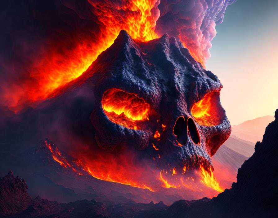 Volcanic eruption with skull shape, fiery lava, and billowing smoke in red and orange sky