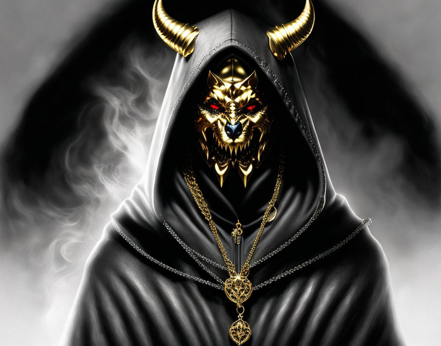 Horned figure with wolf-like face and red eyes in black cloak