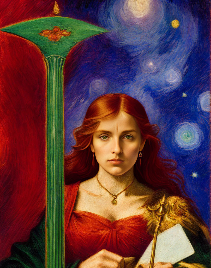 Red-haired woman holding a book in front of starry night sky and drapery