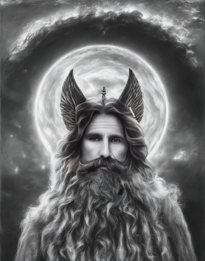 Monochrome portrait of majestic figure with winged helmet, stars, and full moon