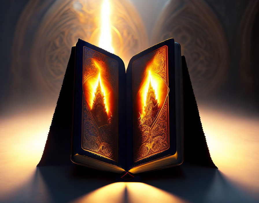 Mystical backdrop with glowing, fiery open book