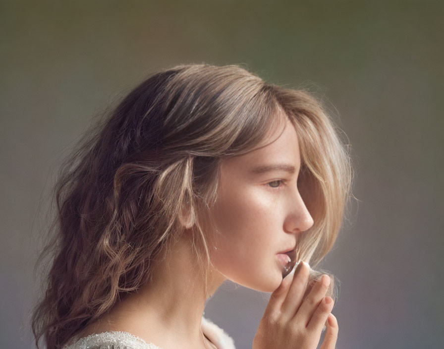 Contemplative young woman with wavy hair and finger on lips on grey background