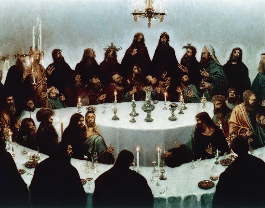 Religious painting of Last Supper scene with Jesus and apostles around candlelit table