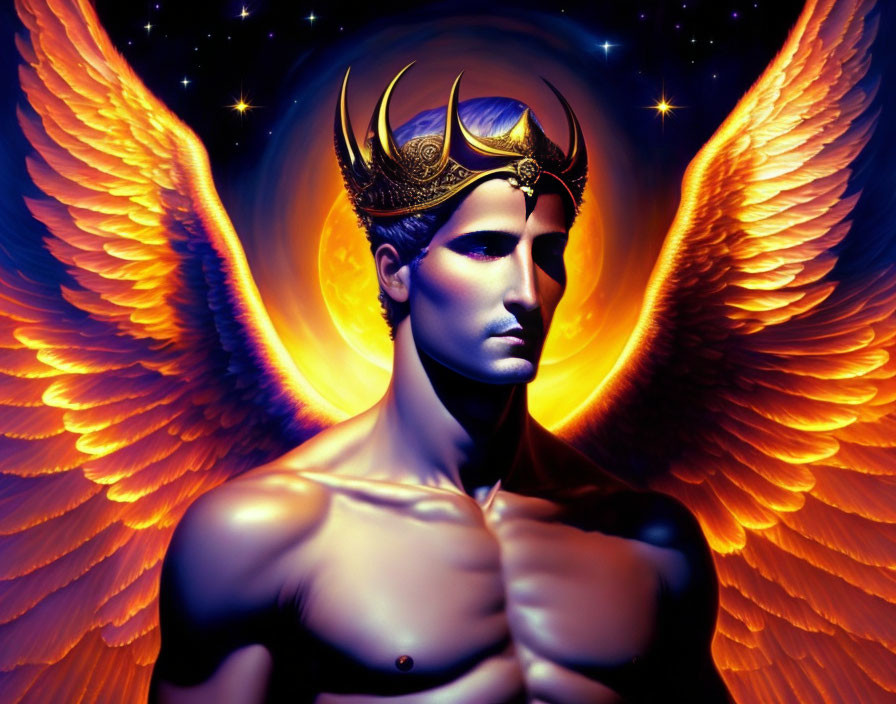 Regal winged figure with golden crown on starry backdrop