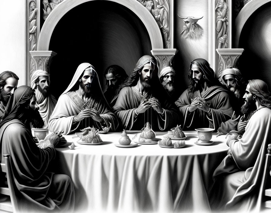 Monochrome Last Supper painting with expressive gestures & disciples.