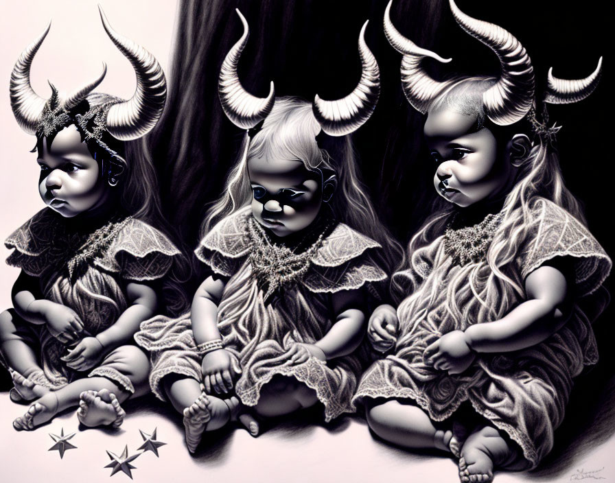 Eerie dolls with horned heads and star-shaped glasses in gothic attire