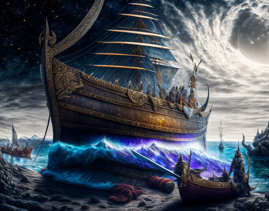 Ornate Viking ships on glowing blue waves under dramatic night sky