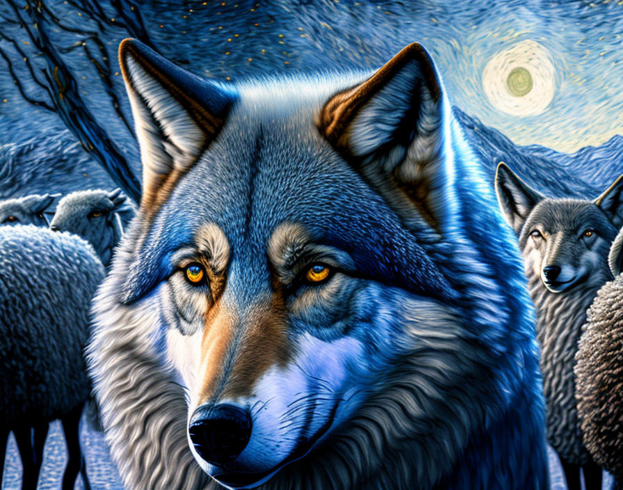 Detailed artwork: Large wolf with piercing eyes among sheep in moonlit night.