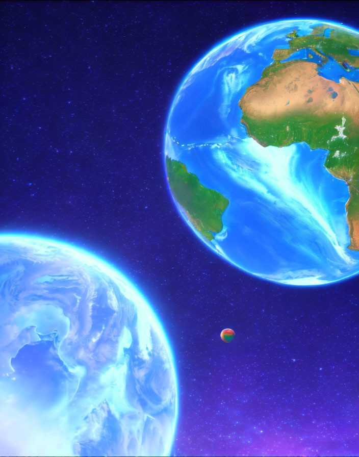 Digital Artwork: Two Earths in Space with Colorful Sphere