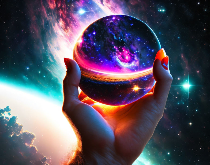 Crystal ball held by hand reflects cosmic scene with galaxies, stars, and nebula.