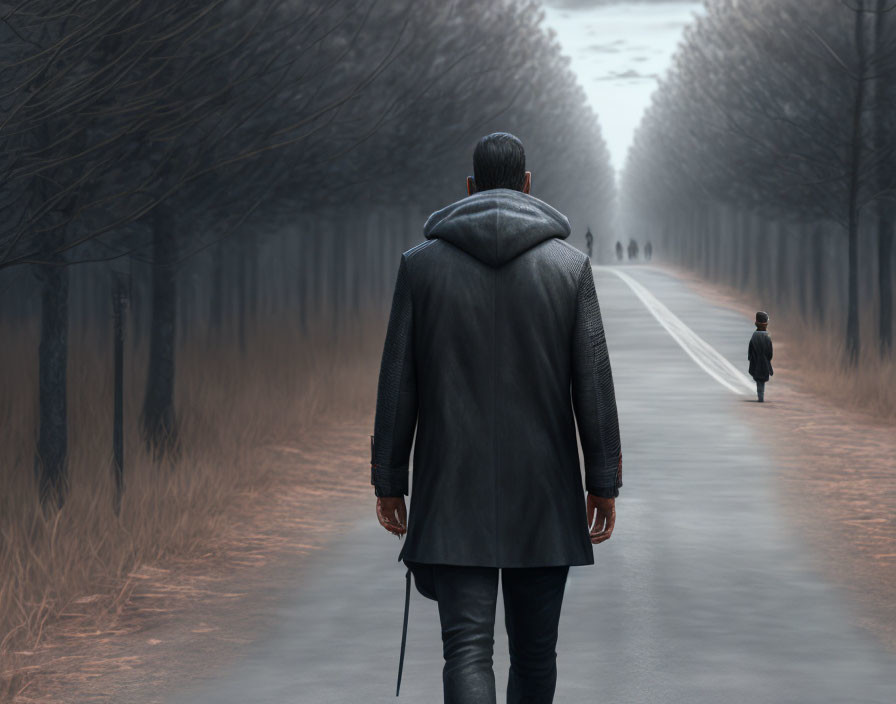 Man in Leather Jacket Walking on Foggy Tree-Lined Road