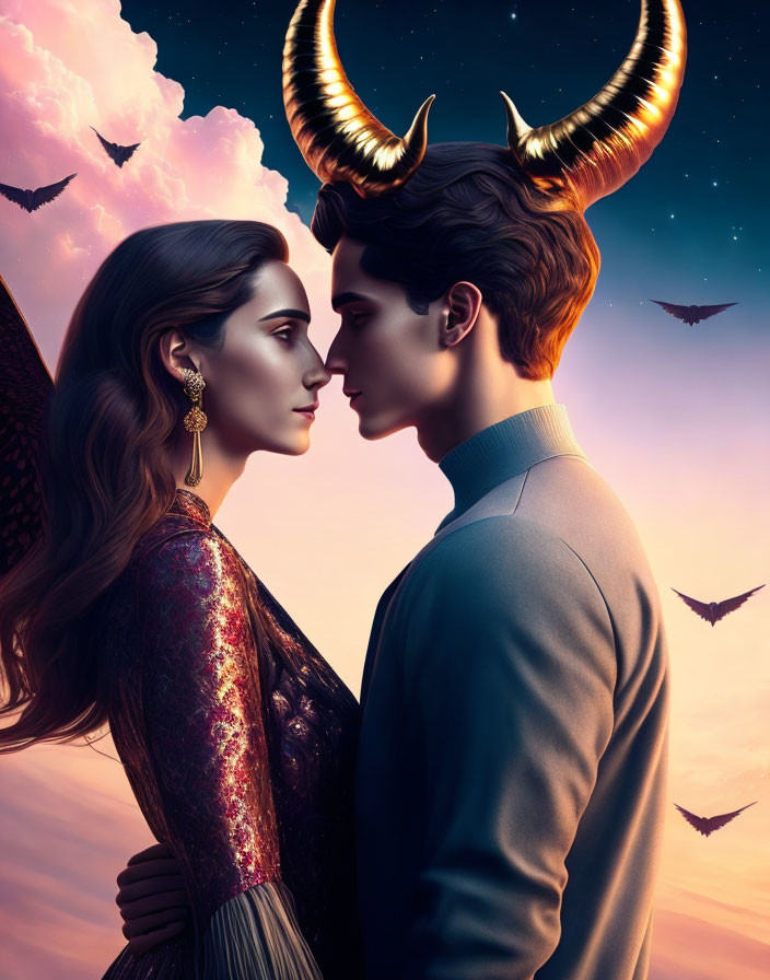 Man and woman in profile with horns, bats, and twilight sky - mystical fantasy theme.