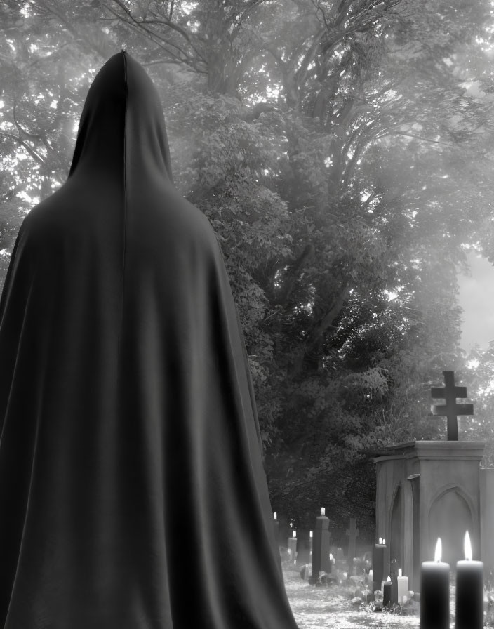 Cloaked Figure in Misty Cemetery with Cross Tombstone