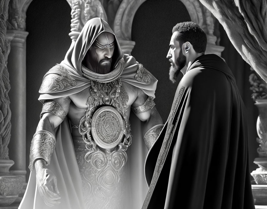 Monochrome image of cloaked figure in ornate armor conversing with man in simple cloak against classical