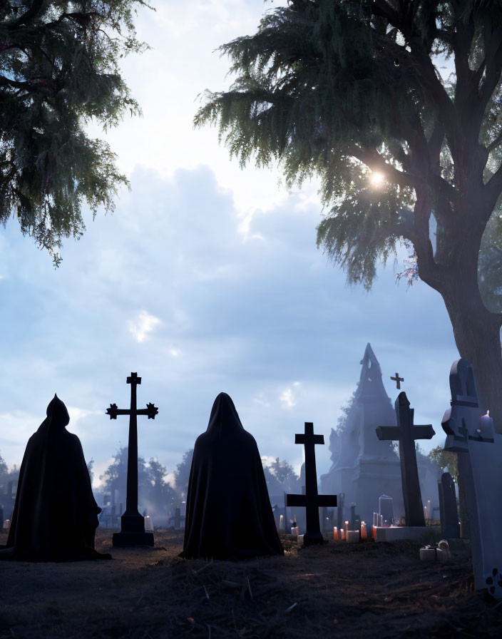 Mysterious robed figures among grave markers and candles under tree in sunlight.