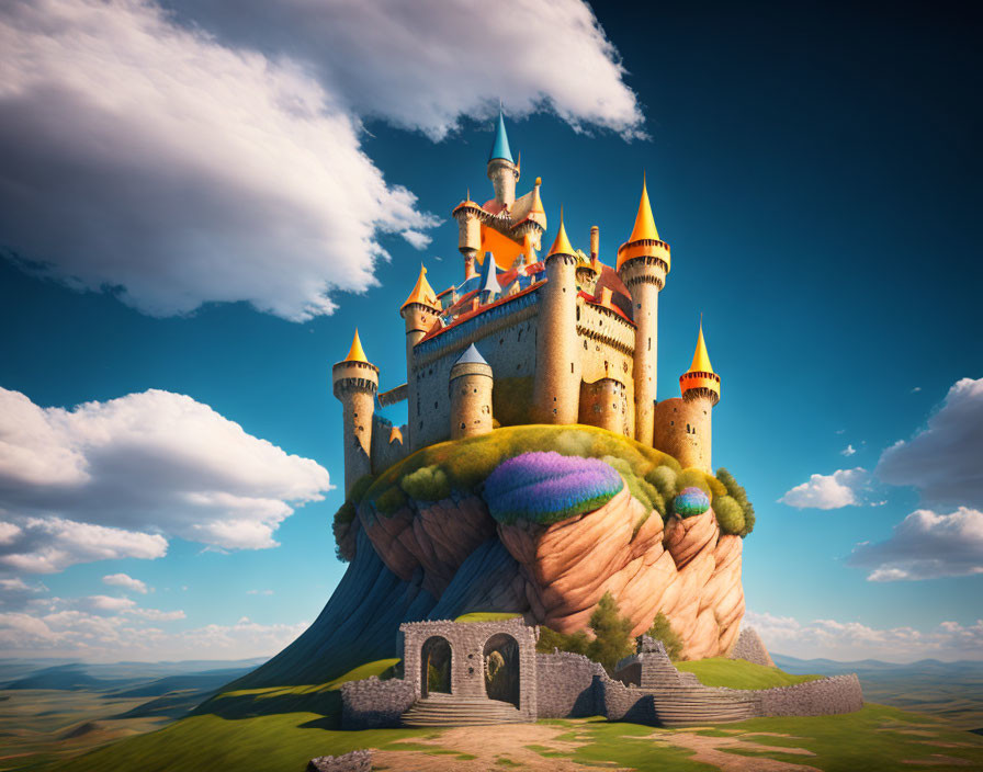 Whimsical castle on rock outcrop with orange roofs under blue sky