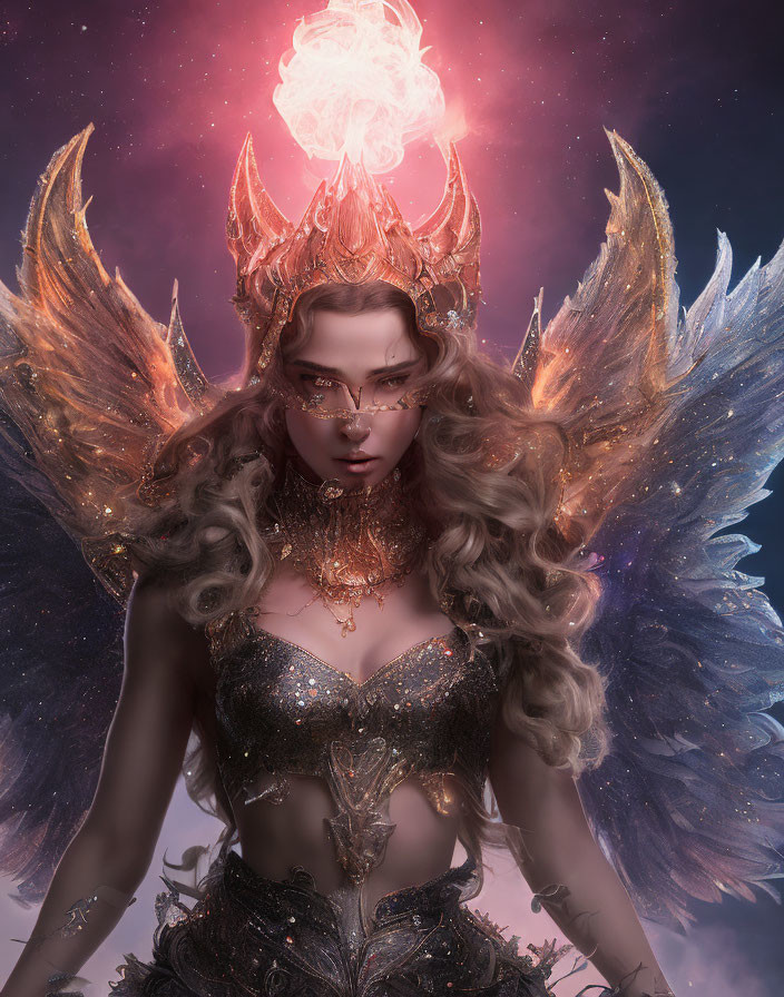 Golden-armored female figure with luminous wings in starry setting.