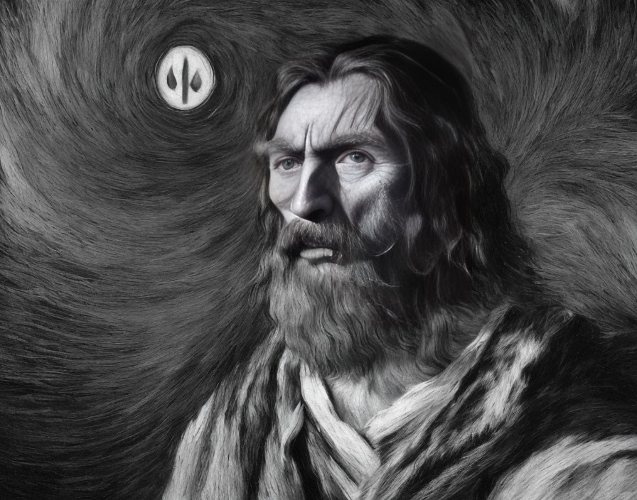 Monochrome portrait of a bearded man in intense gaze against Van Gogh-inspired backdrop