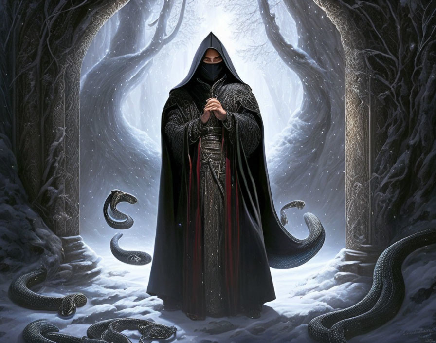 Cloaked figure in snowy forest with emerging serpents