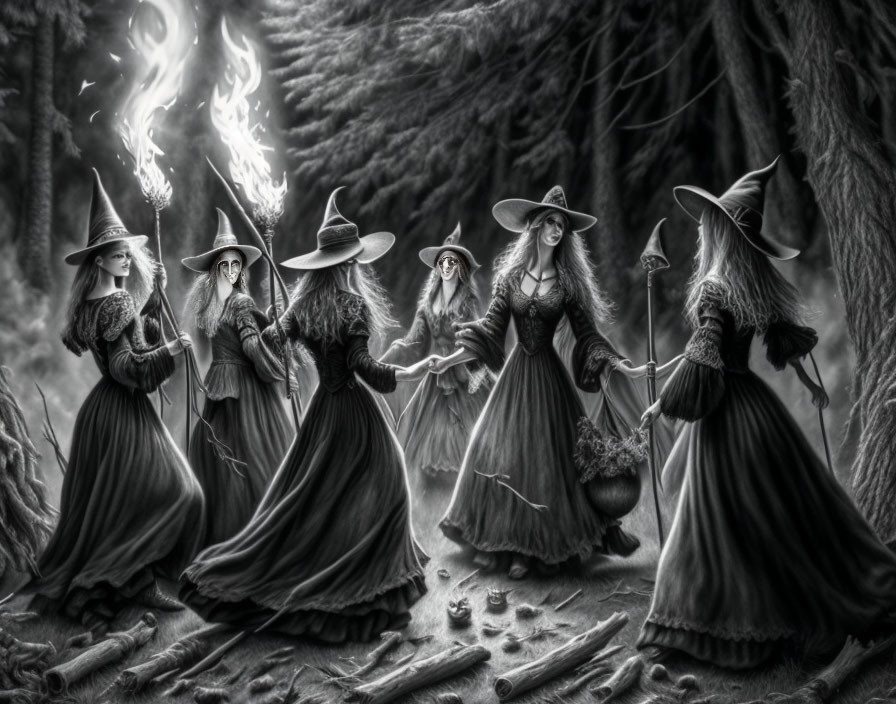 Six witches in pointed hats holding hands in dark forest ritual