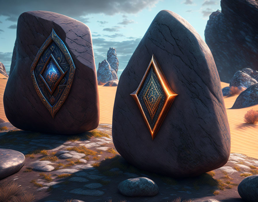 Mystical stones with glowing symbols on sandy terrain and rocky landscape