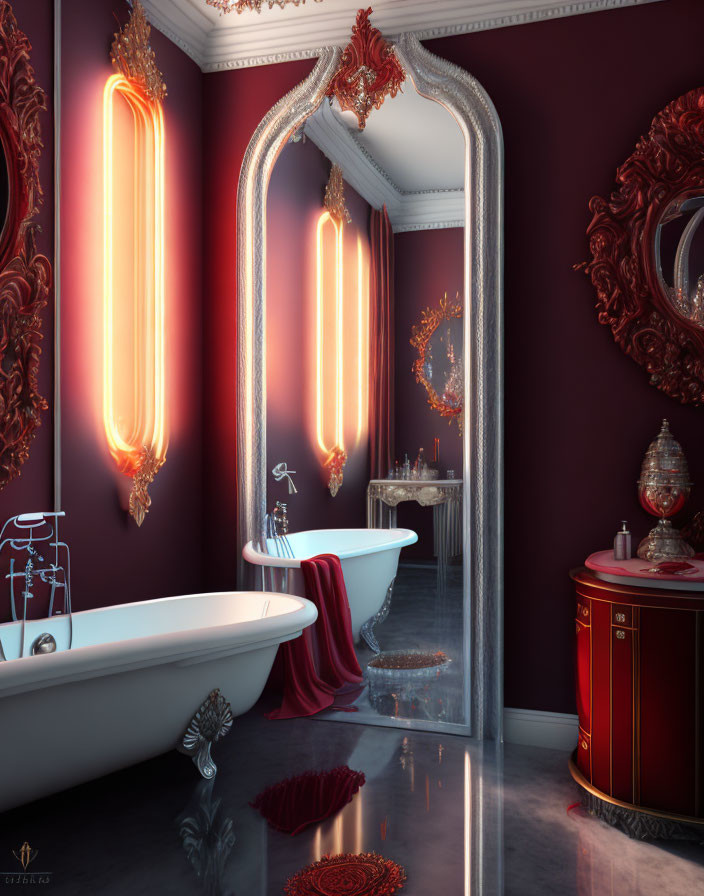 Luxurious Bathroom with Red Walls, Gold Detailing, Modern Lights, White Tub & Elegant Furniture