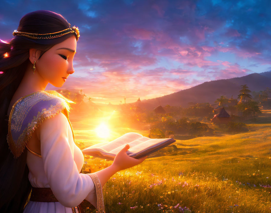 Animated woman with headband admires glowing magical book in meadow at sunrise or sunset