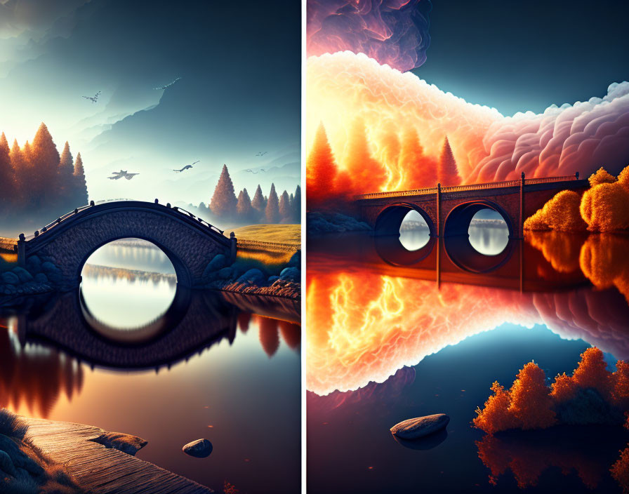 Split-View Artwork: Tranquil Lake vs. Fiery Landscape with Stone Bridge