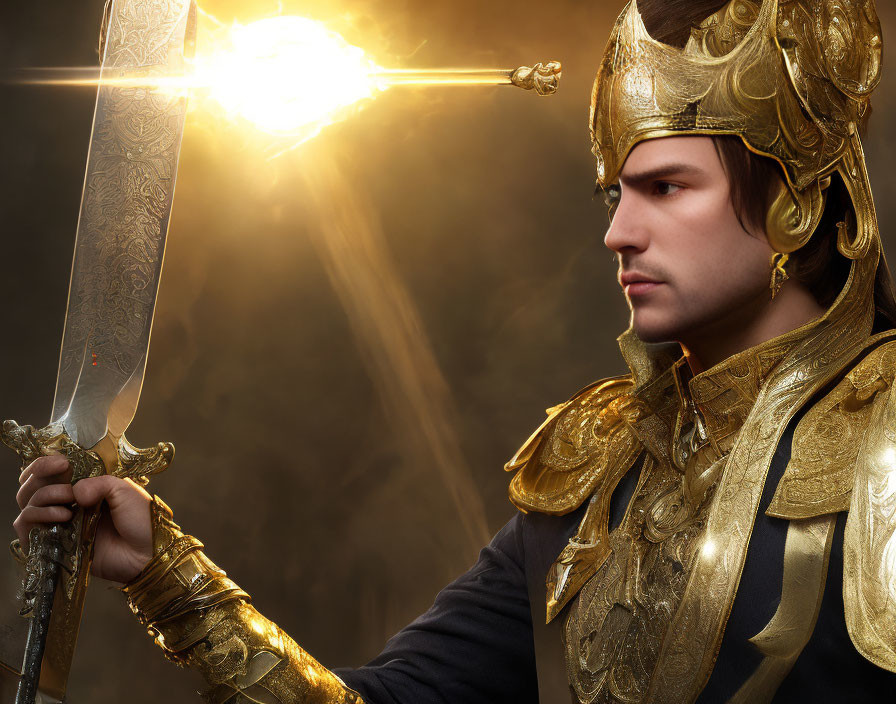 Golden-armored man with glowing sword and focused expression