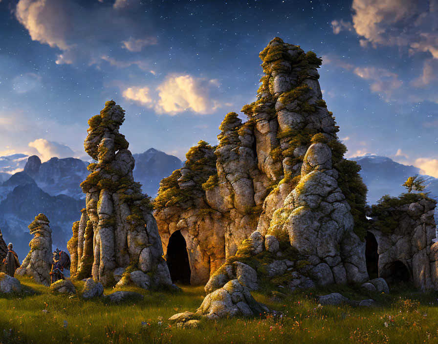 Weathered Rock Formations with Caves Under Twilight Sky and Stars