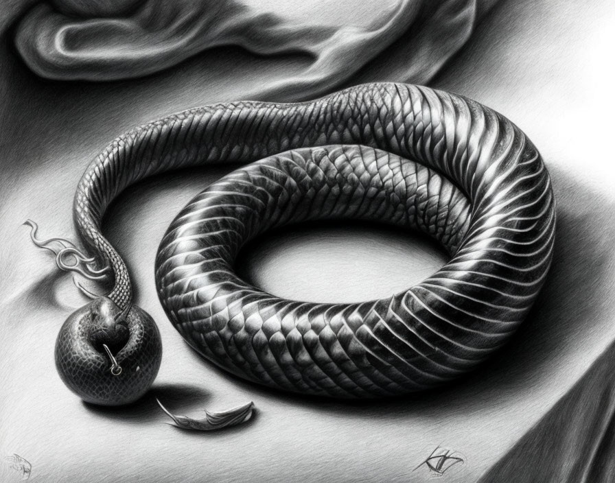 Detailed pencil drawing of coiled snake with intricate scales on draped cloth.