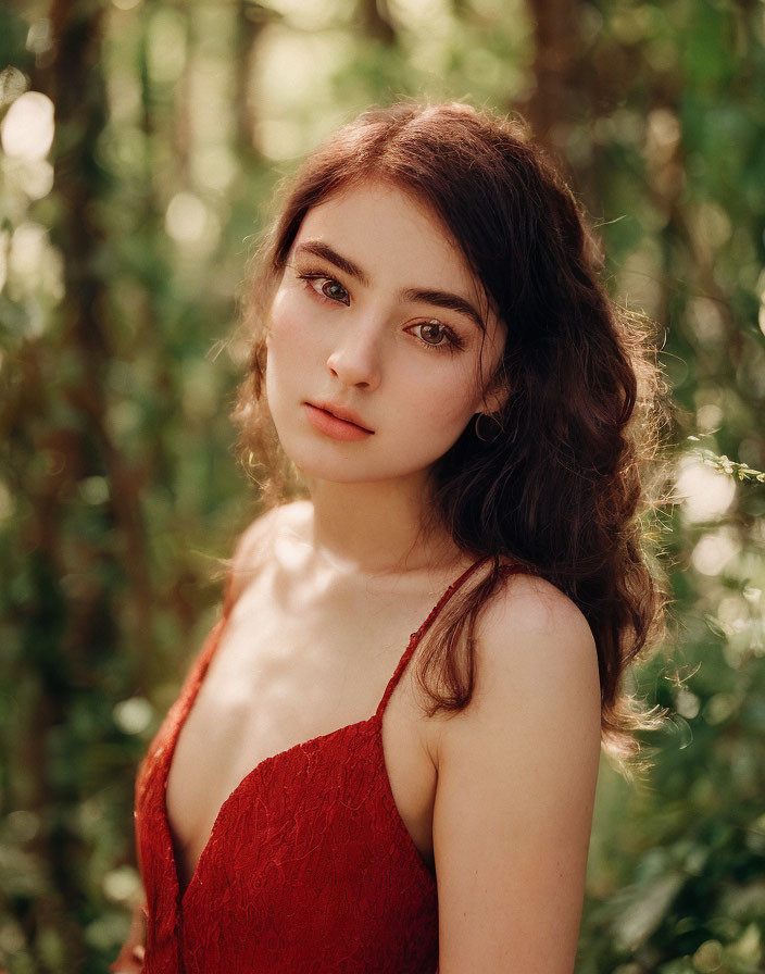 Young woman in red dress poses in sunlit forest setting