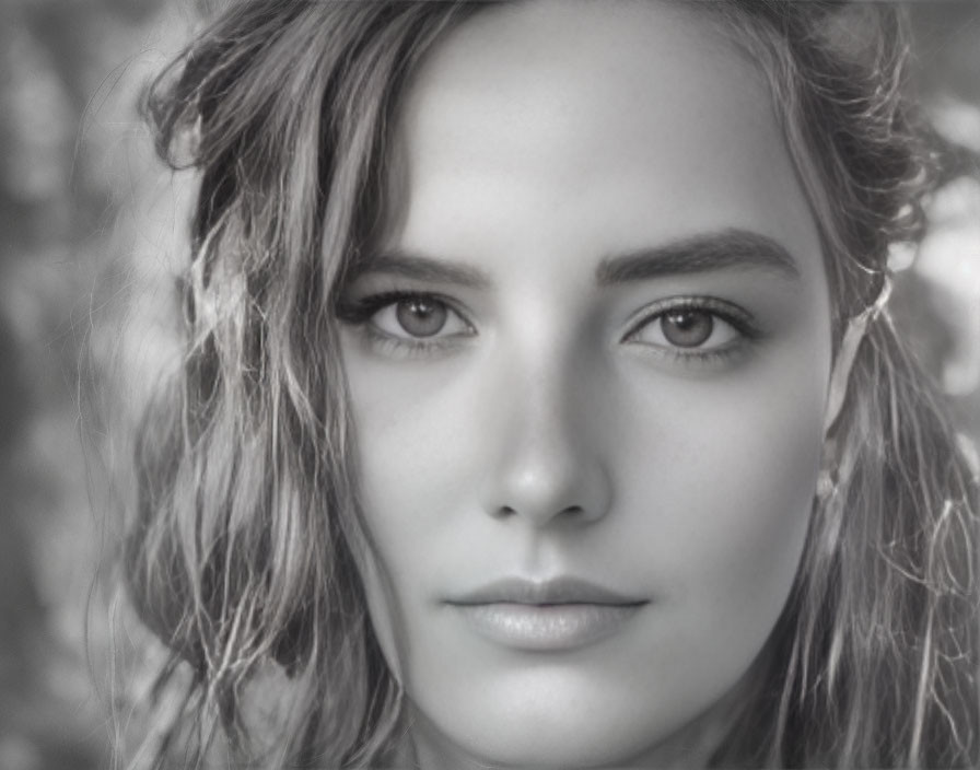 Detailed Black and White Portrait of Woman's Intense Eyes and Wavy Hair