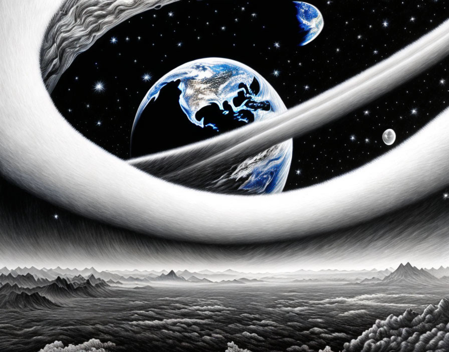 Surreal space scene with Earth, crescent moon, stars, and lunar landscape