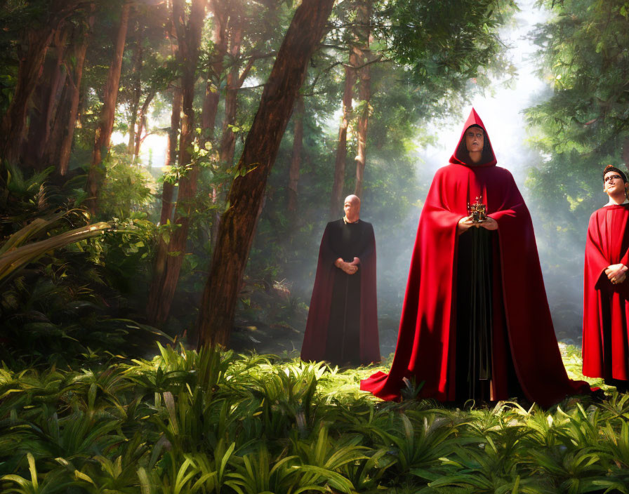 Three Figures in Cloaks Standing in Sunlit Forest Clearing