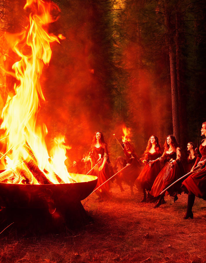 Red-robed figures with torches gather around forest bonfire at night