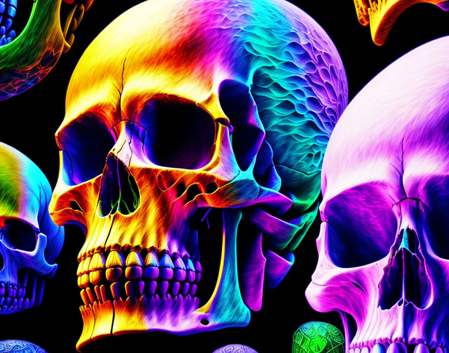 Colorful Neon Human Skulls Artwork on Black Background