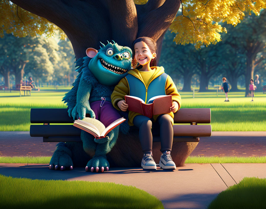 Smiling girl and blue monster reading books on park bench