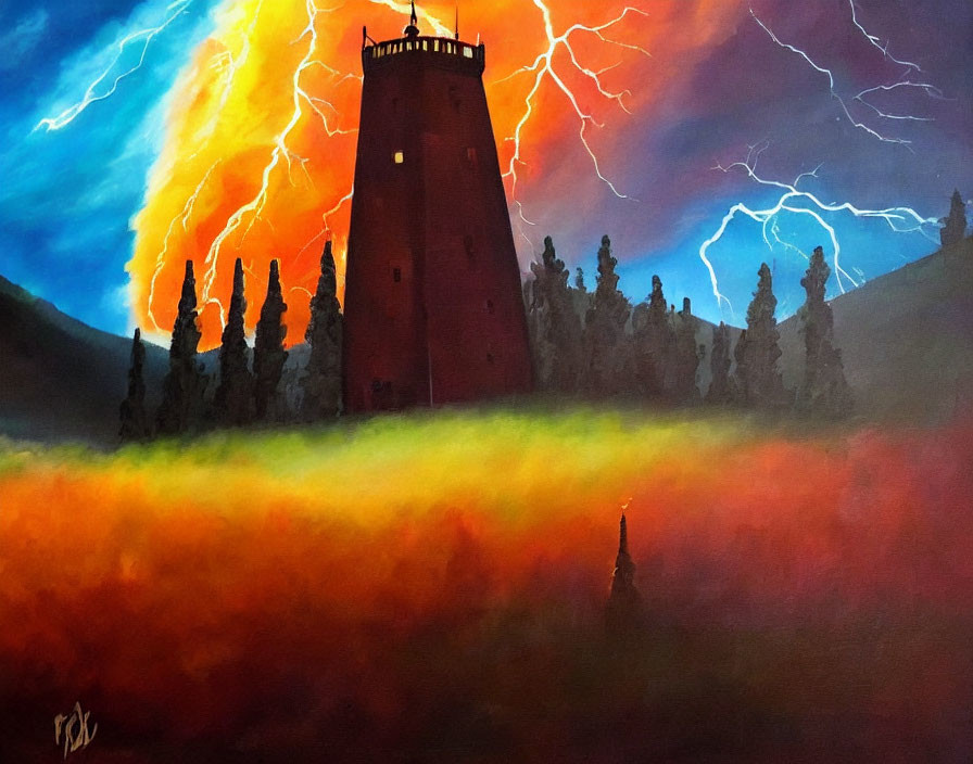 Lighthouse painting with lightning strikes and fiery hues